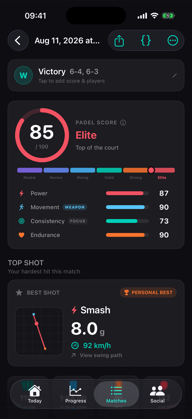 A match summary in the app: a Padel Score of 85, and the best shot of the match, a smash of 8.0 g shown as 92 km/h.